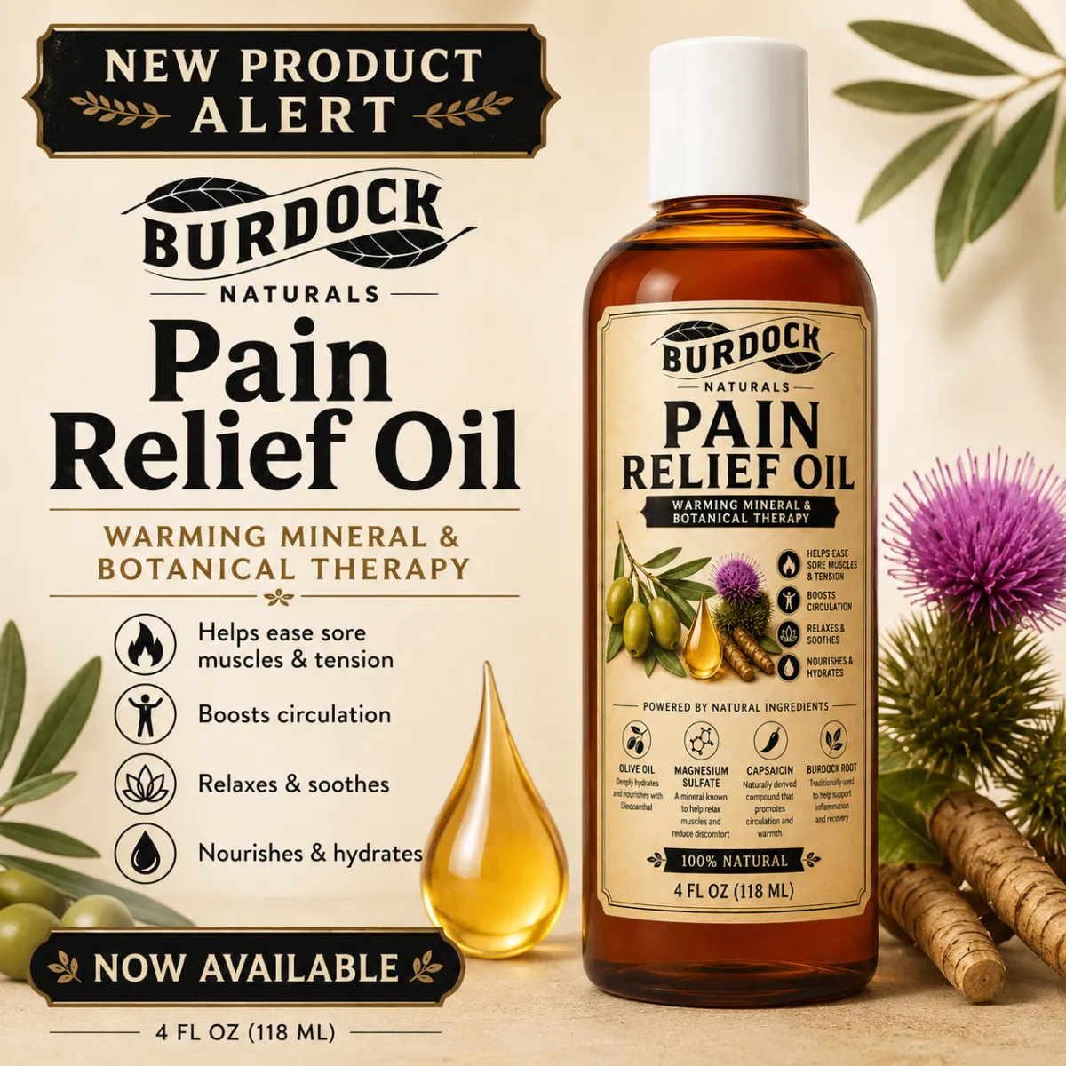 This is a image of Burdock Naturals pain, relief oil