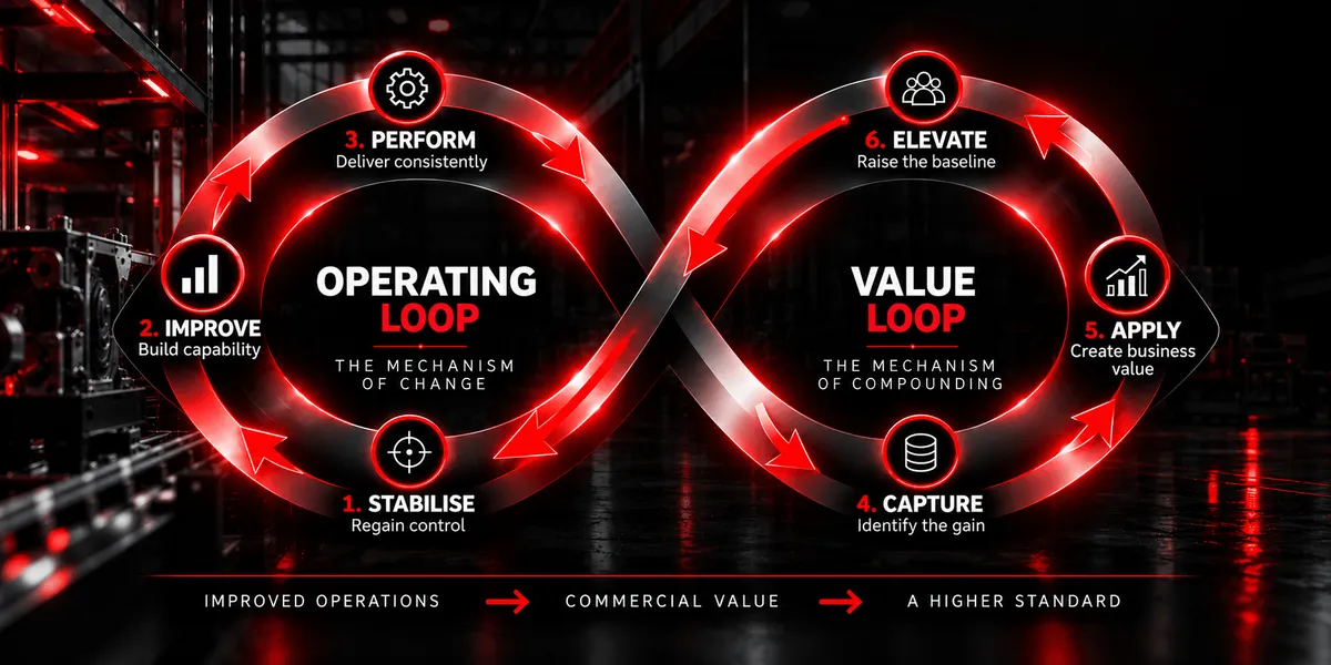 The Performance Cycle: Stabilise, Improve and Perform in the Operating Loop; Capture, Apply and Elevate in the Value Loop.
