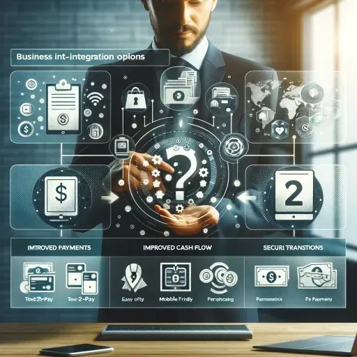 A professional image showing a business dashboard displaying integration options for payment systems. The dashboard highlights Text-2-Pay service features like mobile-friendly payments and secure transactions. In the background, icons represent ease of use, improved cash flow, and seamless payment processing, emphasizing fast and reliable payment collection for businesses of all sizes.