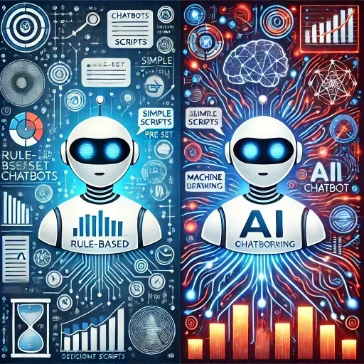 A side-by-side illustration showing a rule-based chatbot with pre-set scripts on one side and an AI-driven chatbot surrounded by neural network visuals on the other. Background includes decision trees and data streams, representing different chatbot models.