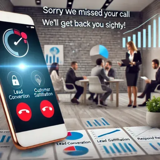 A modern office scene with a smartphone displaying an automatic follow-up text message saying 'Sorry we missed your call, we’ll get back to you shortly!' In the background, business professionals are engaged in communication. Visible graphs show an increase in lead conversion, customer satisfaction, and response rates. The image emphasizes the positive impact of missed call text-back services, showcasing customer engagement and business growth