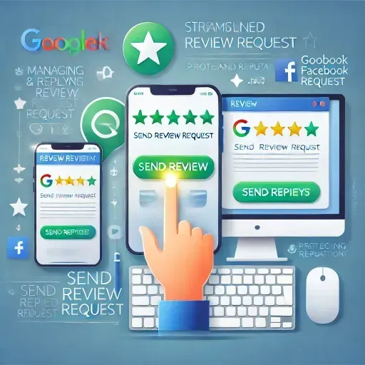 An image representing simplified review management, featuring a smartphone and a computer screen showing Google and Facebook review icons alongside a messaging interface. A hand icon clicks a 'Send Review Request' button, emphasizing the ease of sending requests. The design uses vibrant green, blue, and white colors to symbolize professionalism and efficiency, with a minimalistic background highlighting the concept of protecting brand reputation and managing reviews effortlessly in one place.