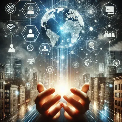 A futuristic cityscape glowing with interconnected digital networks, featuring hands holding a radiant sphere. The sphere symbolizes usability, reliability, and scalability, emitting streams of data and technology icons. The design blends blues and golds, representing limitless possibilities and advanced innovation methodologies.