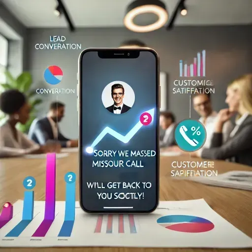 A modern office scene with a smartphone displaying a missed call notification and an automatic follow-up text message that reads 'Sorry we missed your call, we’ll get back to you shortly!' In the background, business professionals are actively engaged in communication, with visible graphs indicating a 30% increase in customer response rates. The image highlights the success of missed call text-back services, emphasizing enhanced lead conversion, customer satisfaction, and business growth.