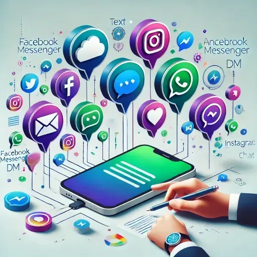 An image showcasing modern communication methods, featuring a smartphone surrounded by colorful speech bubbles with icons representing Text Messaging, Facebook Messenger, Instagram DM, and Google Business Chat. The design emphasizes simplicity, connectivity, and efficiency with a clean, professional, and vibrant style.