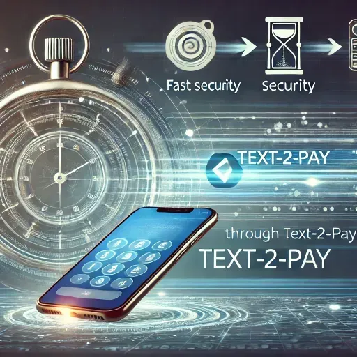 A professional image showing a smartphone with an SMS message displaying a secure payment link. The background includes visual symbols of fast payment processing, such as a stopwatch and fast-moving arrows, emphasizing the efficiency and convenience of receiving payments through Text-2-Pay.