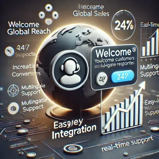 A website interface showing a Chat Widget with a welcoming message offering automated responses and notifications of 24/7 service. The chat box is active, and nearby icons represent global reach and multilingual support. In the background, a rising sales graph symbolizes increased conversions, and a code snippet highlights the easy integration process for seamless website setup.