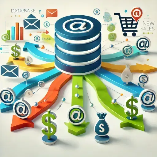 An engaging image depicting a database transforming into sales generation, featuring a database icon connected to email and text-message symbols with arrows leading to dollar signs and shopping carts. Vibrant colors like blue, green, and yellow represent growth and communication, emphasizing the power of targeted campaigns to nurture leads and drive new sales. The modern, clean design conveys professionalism and efficiency.