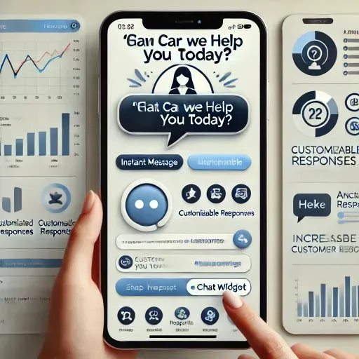 A website interface showing a Chat Widget with a welcome message asking 'How can we help you today?'. The widget includes customizable forms to capture leads, and its design matches a modern brand theme. It is mobile-friendly, displayed on a smartphone and tablet. Analytics charts indicate improved engagement, and icons for multilingual support and automated responses highlight the widget’s capabilities