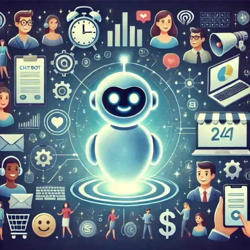 A glowing chatbot in the center surrounded by devices like laptops and smartphones, interacting with smiling customers. Icons of efficiency, clocks, and dollar signs highlight improved engagement, satisfaction, and cost savings.