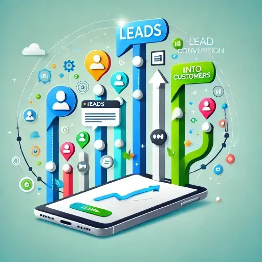 A visually engaging image showcasing mobile lead conversion through conversation. It features a smartphone with a chat interface and vibrant message bubbles. Icons of leads transforming into customers, combined with upward arrows and dynamic graphic elements, symbolize growth and engagement. The clean, modern design uses shades of green, blue, and white with a minimalistic background to highlight mobile-based conversational lead conversion.