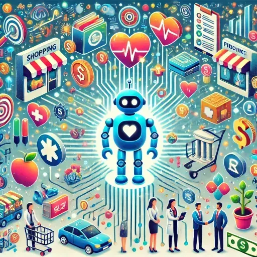 A glowing chatbot at the center interacting with scenes from diverse industries, including retail (shopping cart), healthcare (stethoscope), finance (currency symbols), and education (books), symbolizing productivity and connectivity.