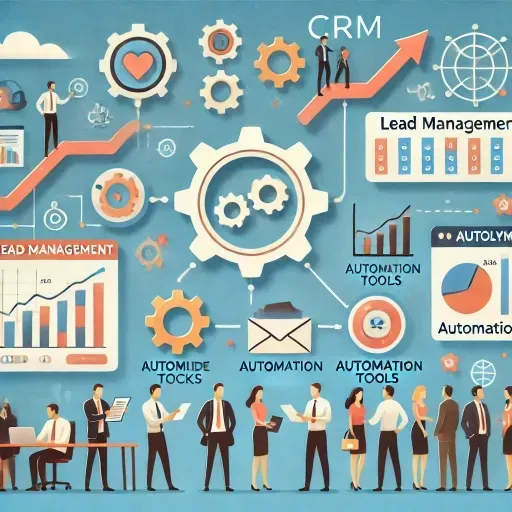 A CRM interface showcasing lead management with pipeline tracking, automation tools with gears and workflows, and analytics featuring charts and graphs. Business professionals review reports and nurture leads, with upward arrows and growth icons in the background representing business scaling and success.