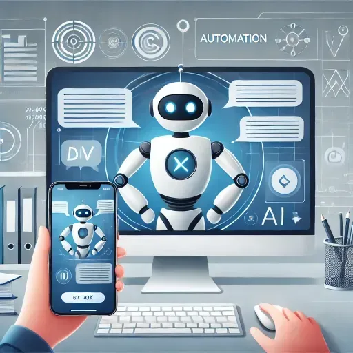 A vibrant illustration showing a chatbot operating on a desktop screen and a smartphone, exchanging messages with users. Icons in the background symbolize automation, connectivity, and streamlined communication processes.