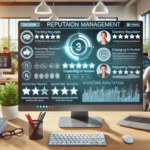 A modern office interface displaying a Reputation Management dashboard with customer reviews from platforms like Google and Facebook. The screen shows options for tracking and responding to reviews, as well as automated messages for requesting reviews. Icons for boosting reputation, encouraging positive feedback, and addressing negative reviews are visible, streamlining reputation management and improving customer engagement.