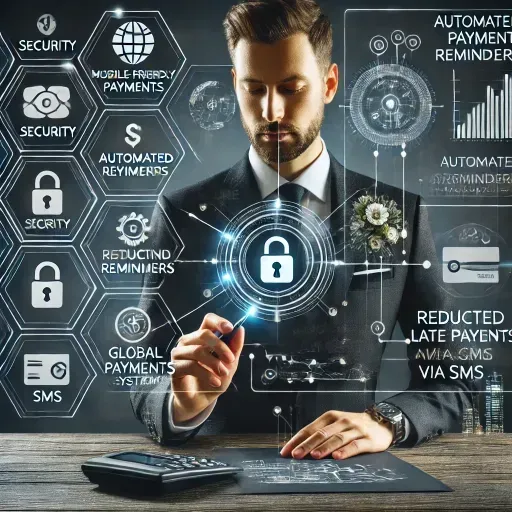 A modern payment system dashboard showing secure payment processing with encryption symbols, automated reminders, and integration options for CRM and billing systems. The interface displays mobile-friendly payment features, reducing late payments, and offering global accessibility via SMS. Icons represent security, automation, and integration, emphasizing streamlined payment processes for businesses.