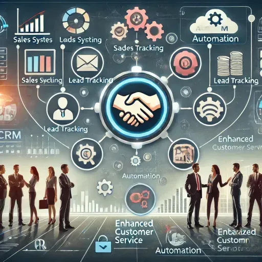 A CRM system dashboard showcasing sales metrics, lead tracking, and customer profiles, surrounded by icons of automation, customer service, and centralized data. Business professionals interact seamlessly in the background, symbolizing enhanced efficiency and streamlined operations.