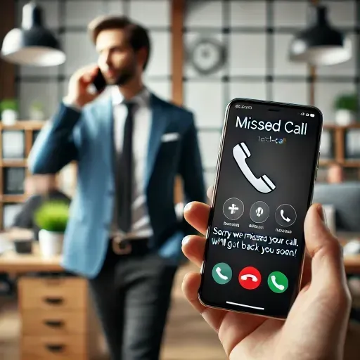 A modern office setting with a smartphone displaying a missed call notification and a follow-up text message that says 'Sorry we missed your call, we’ll get back to you soon!' The phone screen is the focal point, and a professional businessperson in the background is seen looking at the phone with a sense of urgency. The image conveys the idea of using a missed call text-back service to ensure no communication opportunity is missed