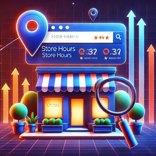 A colorful illustration of a search engine results page with a business ranked at the top, showcasing accurate store hours and contact info. Background elements include a location pin and upward-pointing graphs, symbolizing improved local SEO and increased visibility.