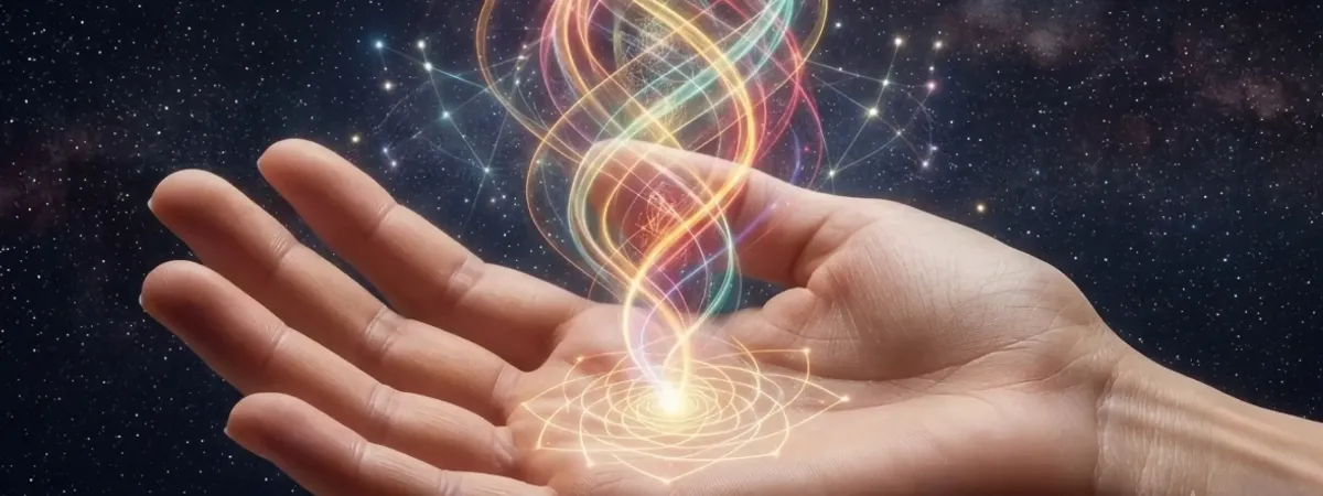 Hand radiating light and energy, symbolizing prana and shakti in tantra