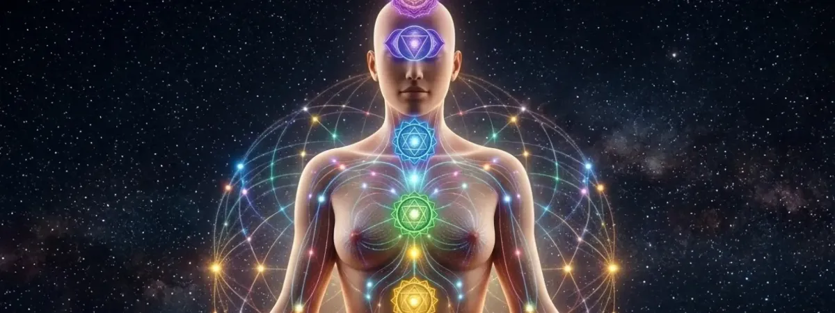 A human figure with glowing chakra energy centers and sacred geometry, representing the subtle body in Tantra