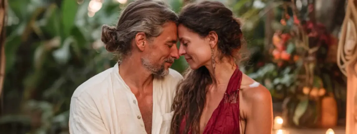 Couple embracing intimately with foreheads touching in a candlelit garden, representing tantric connection and sacred sexuality