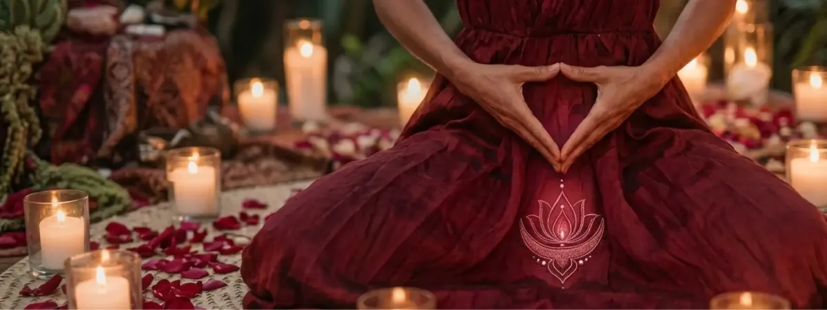 Couple embracing intimately with foreheads touching in a candlelit garden, representing tantric connection and sacred sexuality