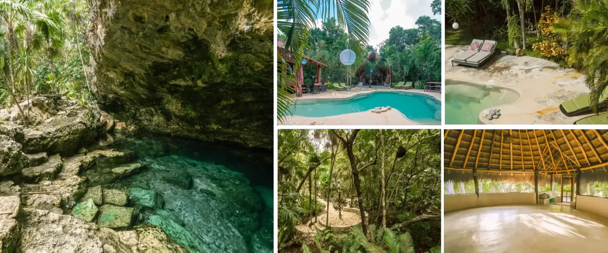 Photo collage of the sacred union retreat venue: jungle cenote, pool, and thatched-roof ceremony space