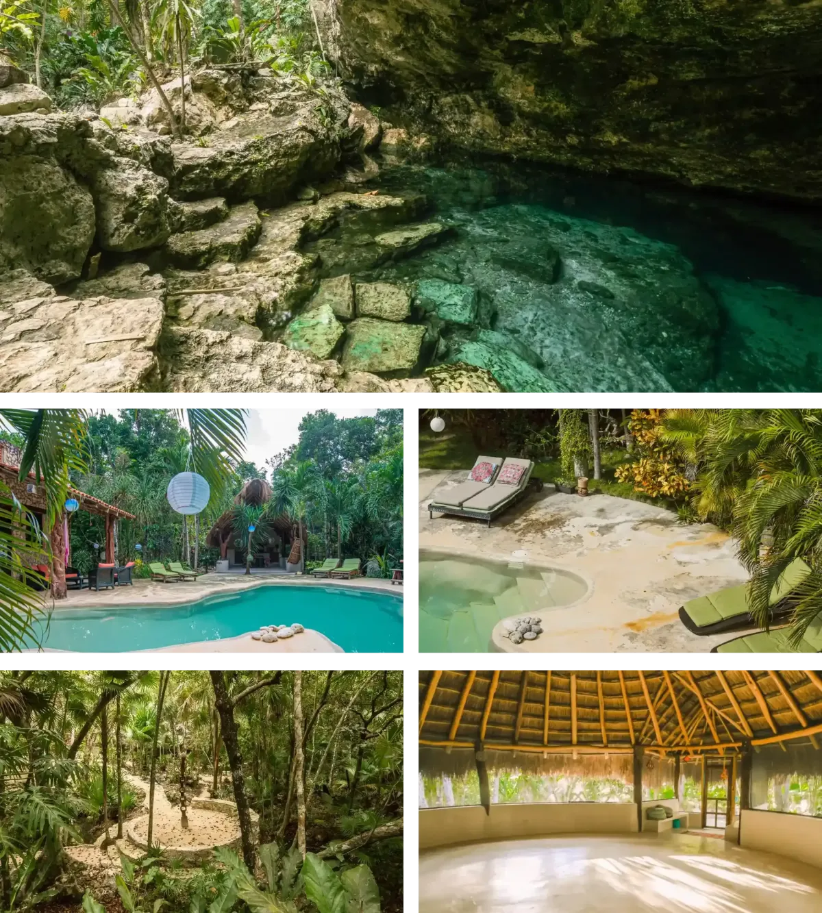 Photo collage of the sacred union retreat venue: jungle cenote, pool, and thatched-roof ceremony space