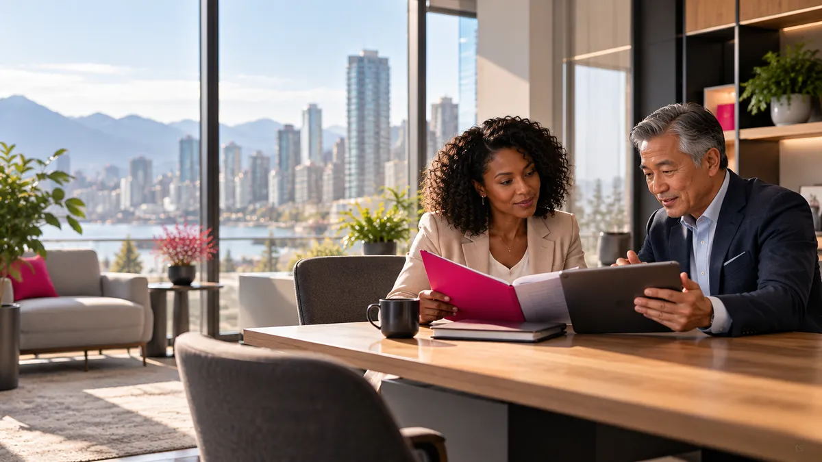 Canadian home buyer discussing mortgage qualification and employment documents with a mortgage professional in a contemporary office with subtle pink accents.