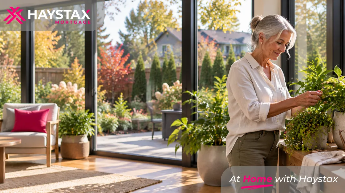 Older Canadian homeowner tending plants in a bright sunroom overlooking a residential garden, illustrating comfortable homeownership during retirement.