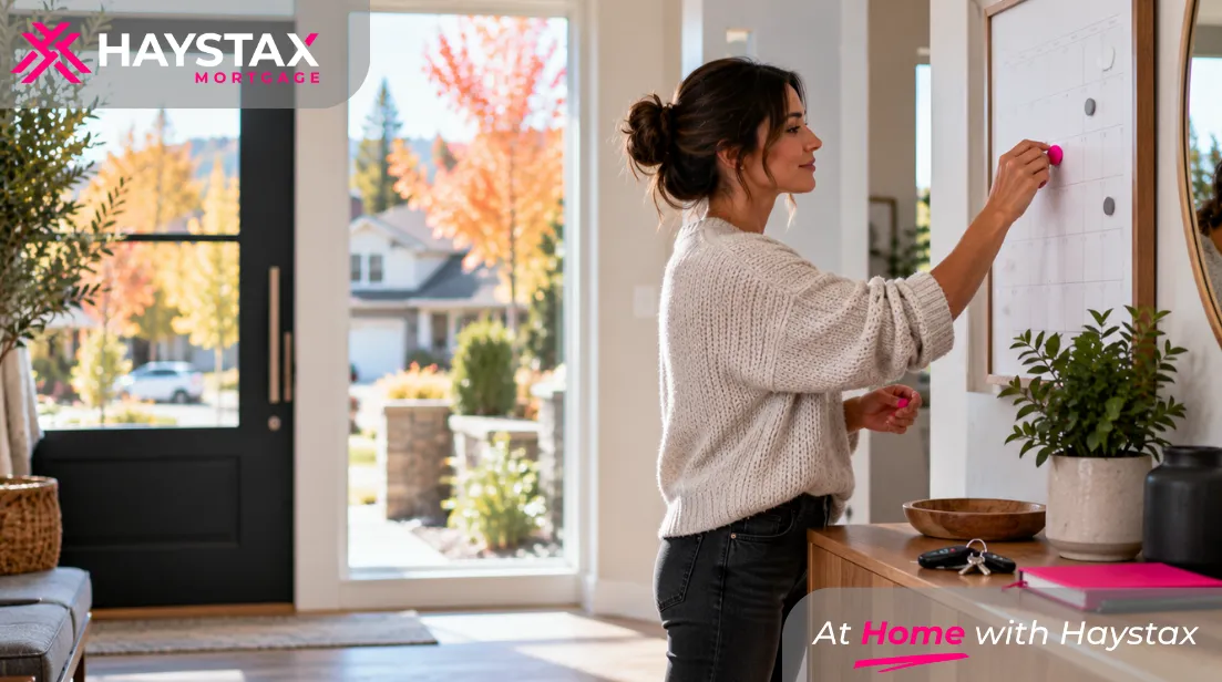 Canadian homeowner adjusting a wall calendar in a bright residential entryway with house keys and a pink notebook on a wooden console table