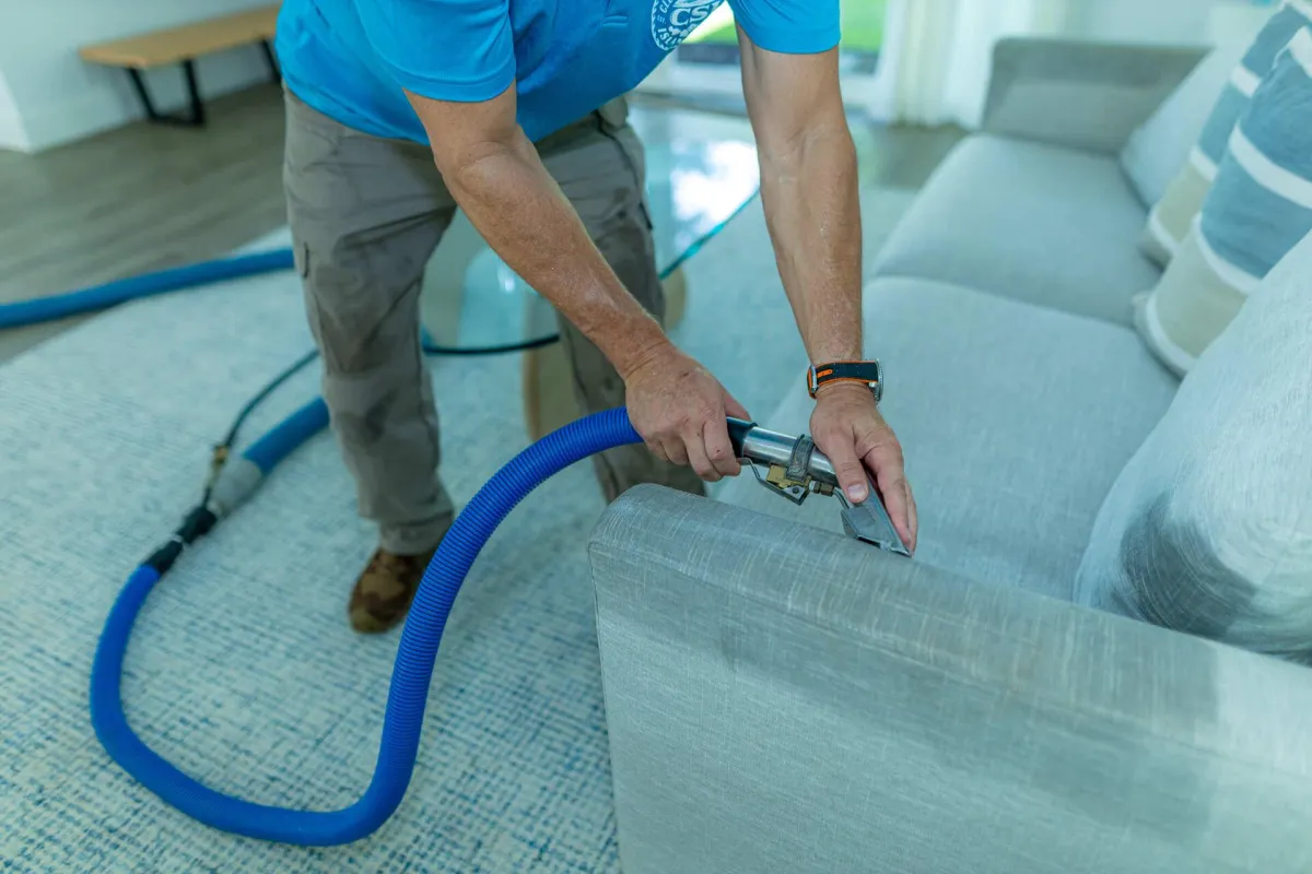 Upholstery technician steam cleaning a couch
