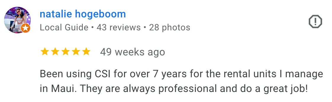 Kihei homeowner 5-star testimonial praising CSI’s carpet cleaning results and service