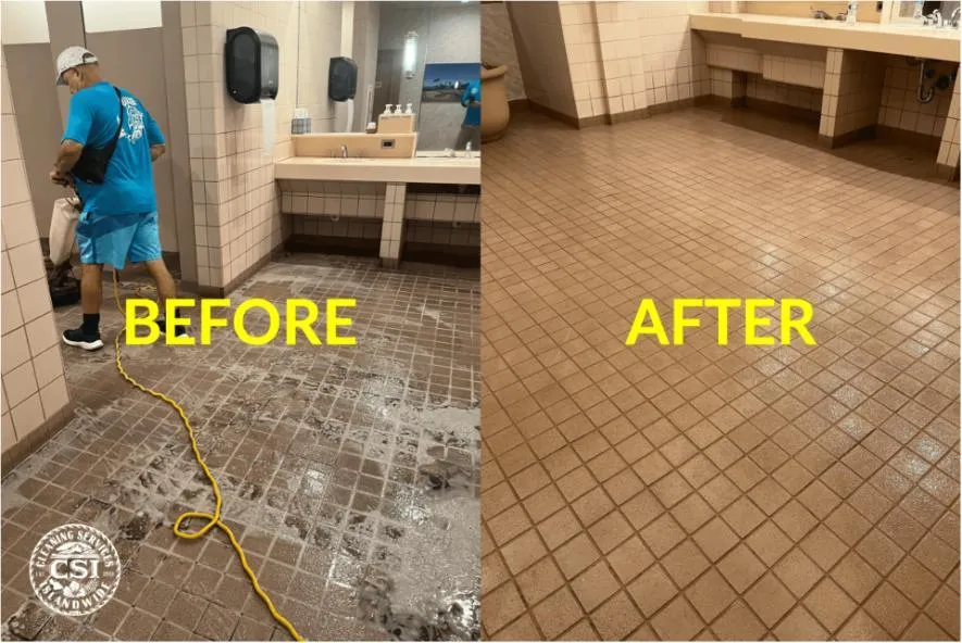 CSI Worker cleaning washroom tiles showing before and after reults