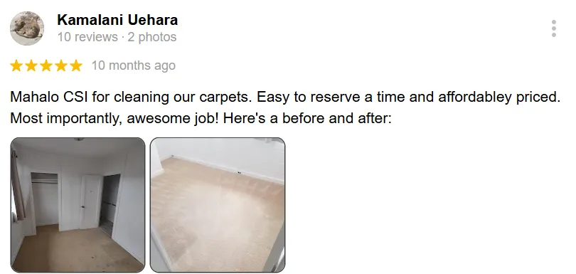 Five-star customer review for carpet cleaning in Kihei