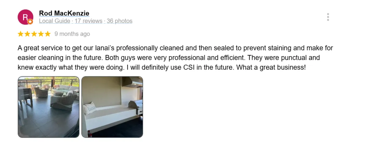 Kihei homeowner 5-star testimonial praising CSI’s carpet cleaning results and service