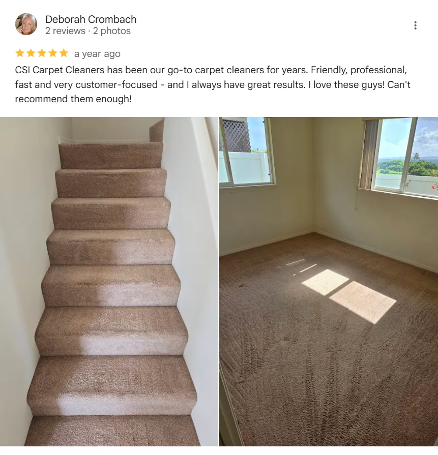Google review by Kihei homeowner praising CSI carpet cleaning