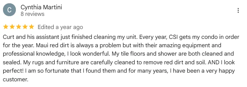 Verified 5-star testimonial from Kihei customer recommending CSI Carpet Cleaning
