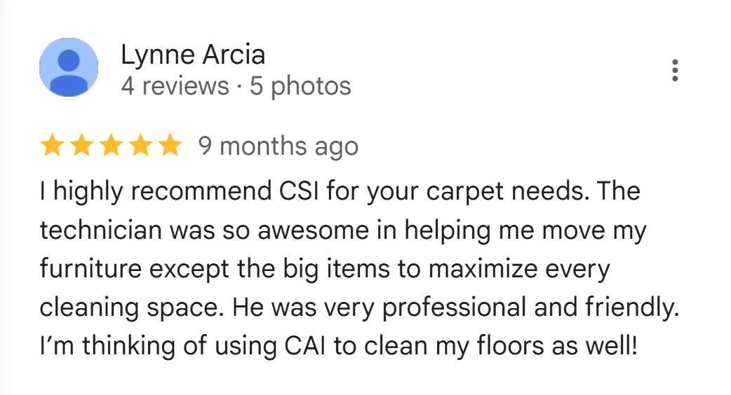 Kihei homeowner 5-star testimonial praising CSI’s carpet cleaning results and service