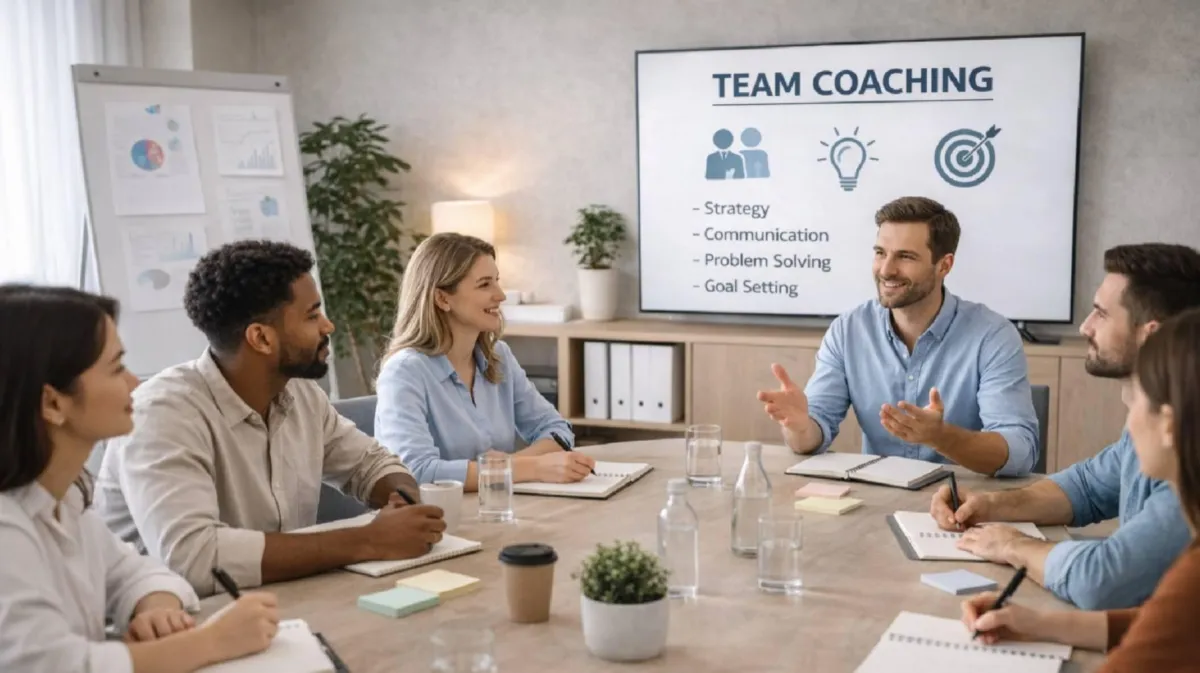 team group talking at a table in a team coaching session
