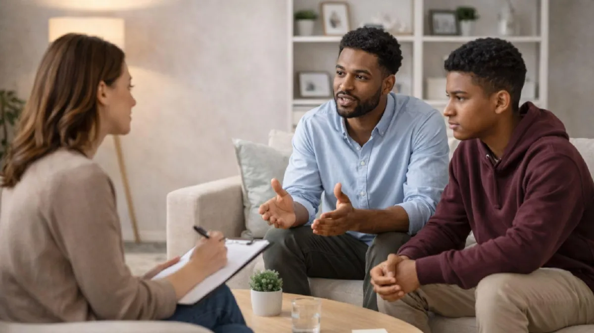 session in person between a dad and son being coached.