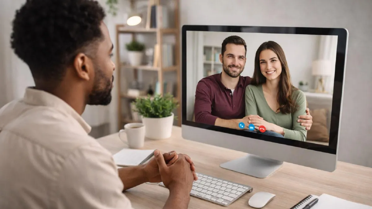a smiling couple on a computer monitor talking to a coach.