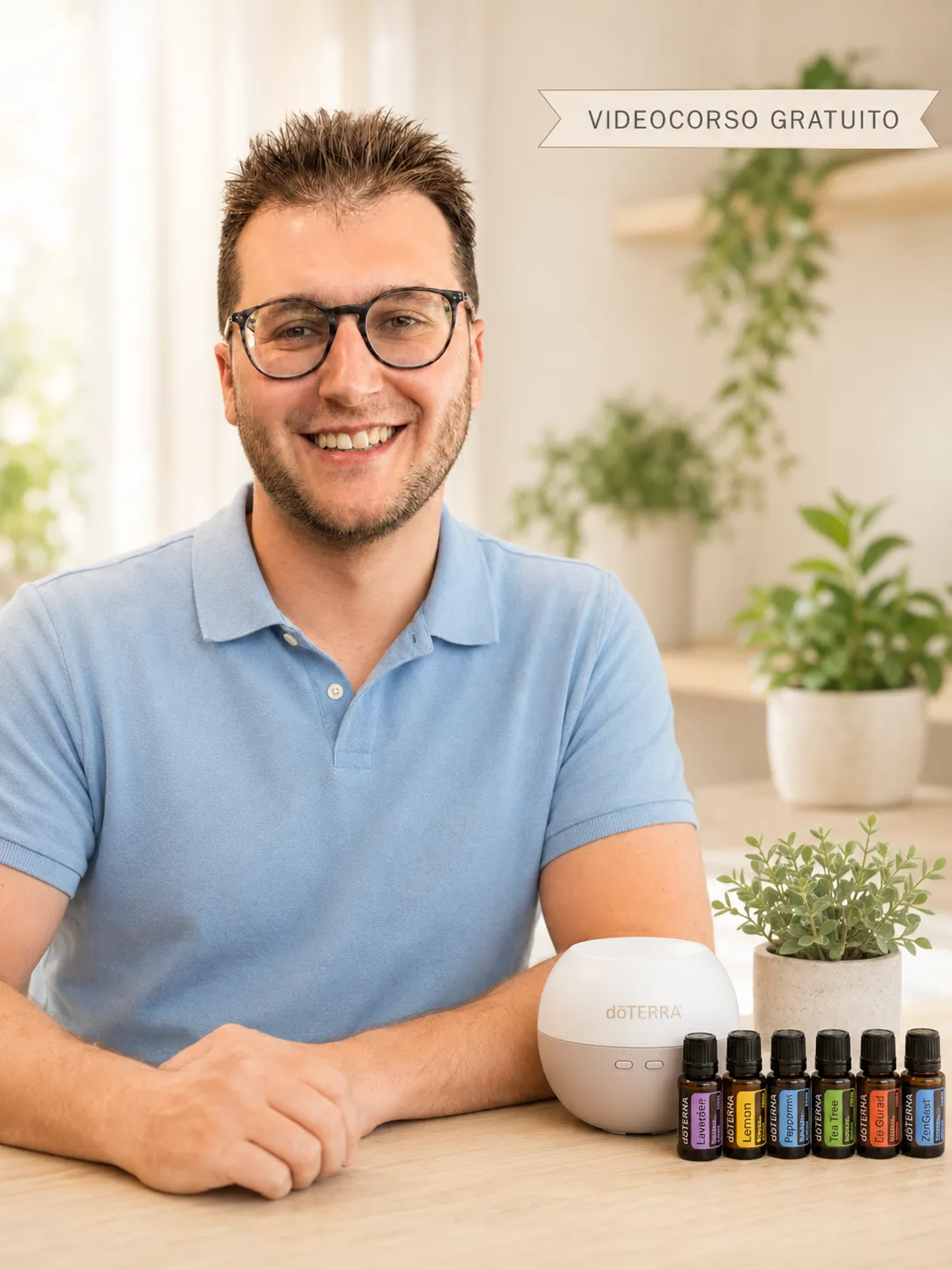 Marco Pesenti presenta un videocorso gratuito sugli oli essenziali, con diffusore e selezione di oli doTERRA per principianti.