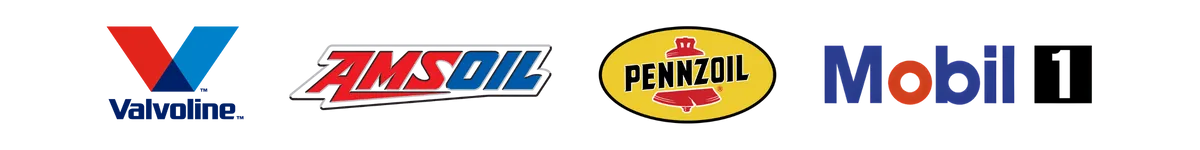 AMSOIL, Pennzoil, Valvoline, Mobil 1 motor oil brand logos representing premium oil options available at United Oil Change Club in Garden City, Michigan.