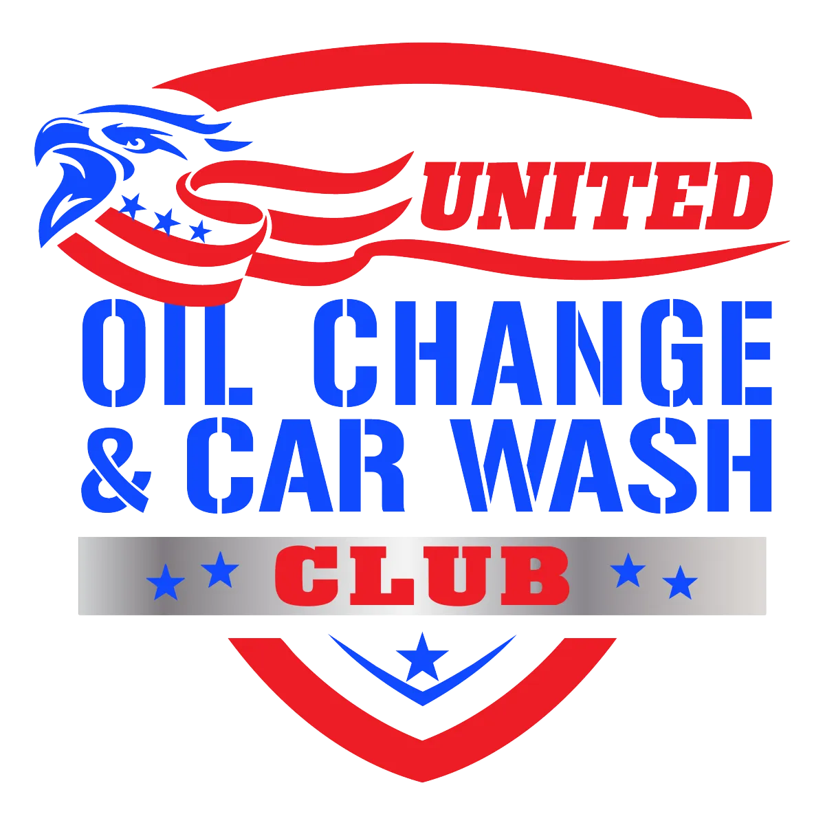 United Oil Change Club logo featuring a blue eagle head with red stripes and stars, representing the UCWC family of brands known for fast, reliable, and membership-based automotive services.