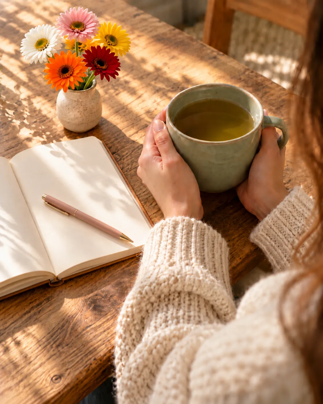 Warm cup of herbal tea next to an open notebook bathed in gentle morning sunlight with eucalyptus leaves