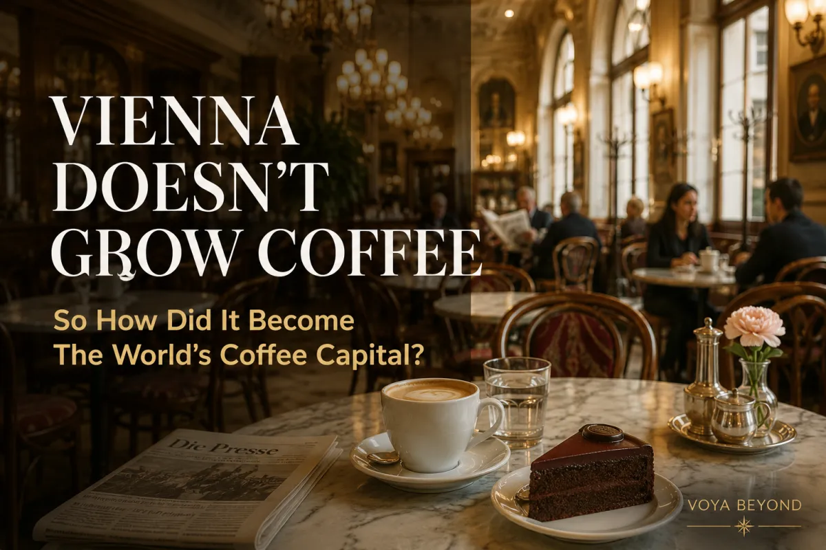 Historic Viennese coffeehouse interior with coffee, Sachertorte cake, marble tables, and elegant chandeliers illustrating Vienna's famous UNESCO-recognized coffeehouse culture.