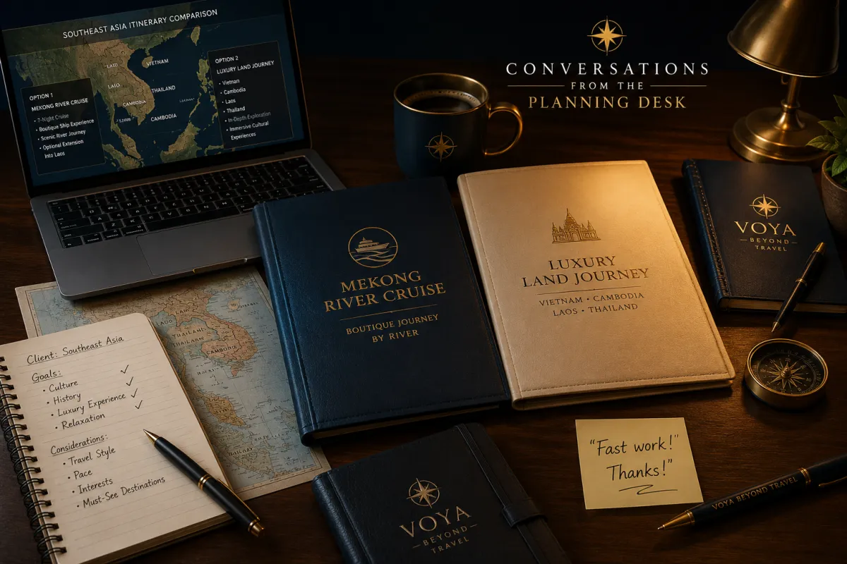 Travel planning desk comparing luxury Southeast Asia land and Mekong River cruise itineraries with maps, notebook, and travel documents.