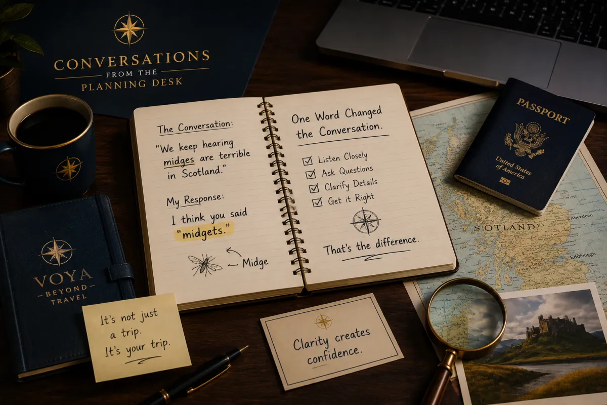 Travel planning desk featuring a Scotland map, notebook, passport, and travel planning materials illustrating how one conversation can shape a better travel experience.